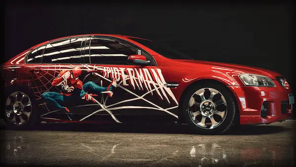 Holden commodore with a spiderman theme wrap